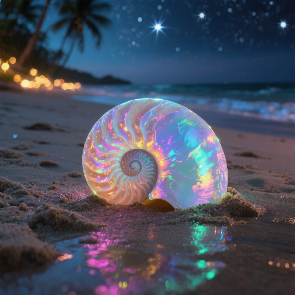 Glowing Bioluminescent Seashell on Tropical Beach