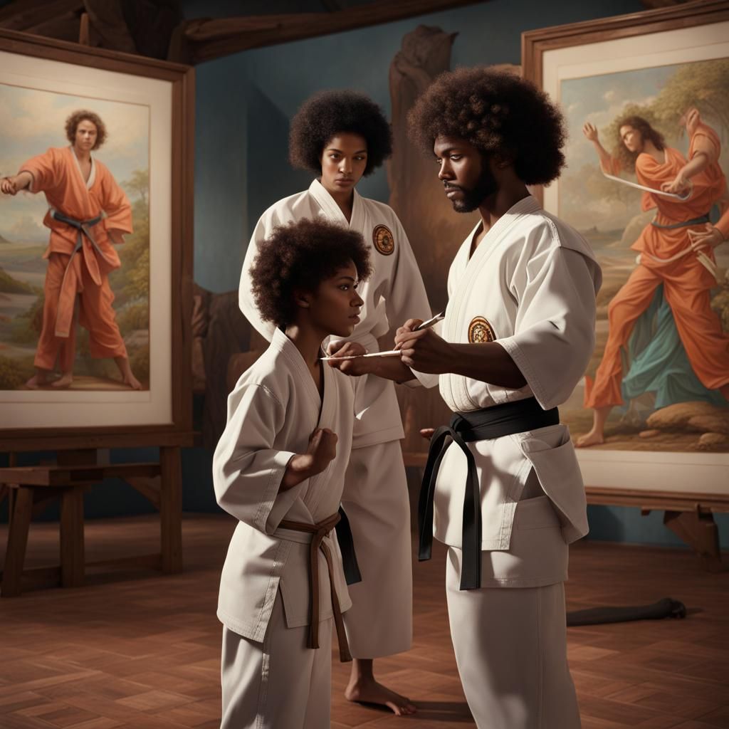 Karate Students Painted in Museum, 1970s Style