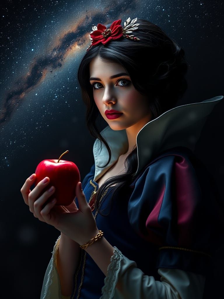 Gothic Snow White Offers Red Apple Under The Milky Way