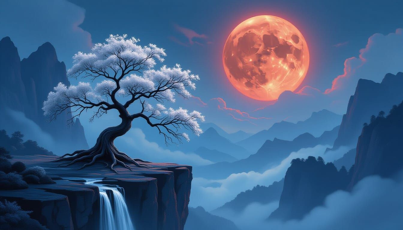 Mystical White Tree Under Blood Moon