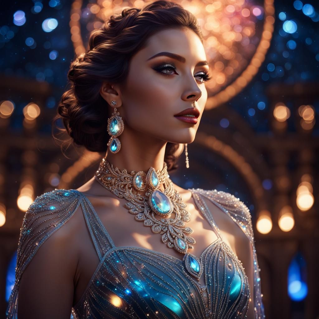 Woman in Glass Dress with Night Sky Background