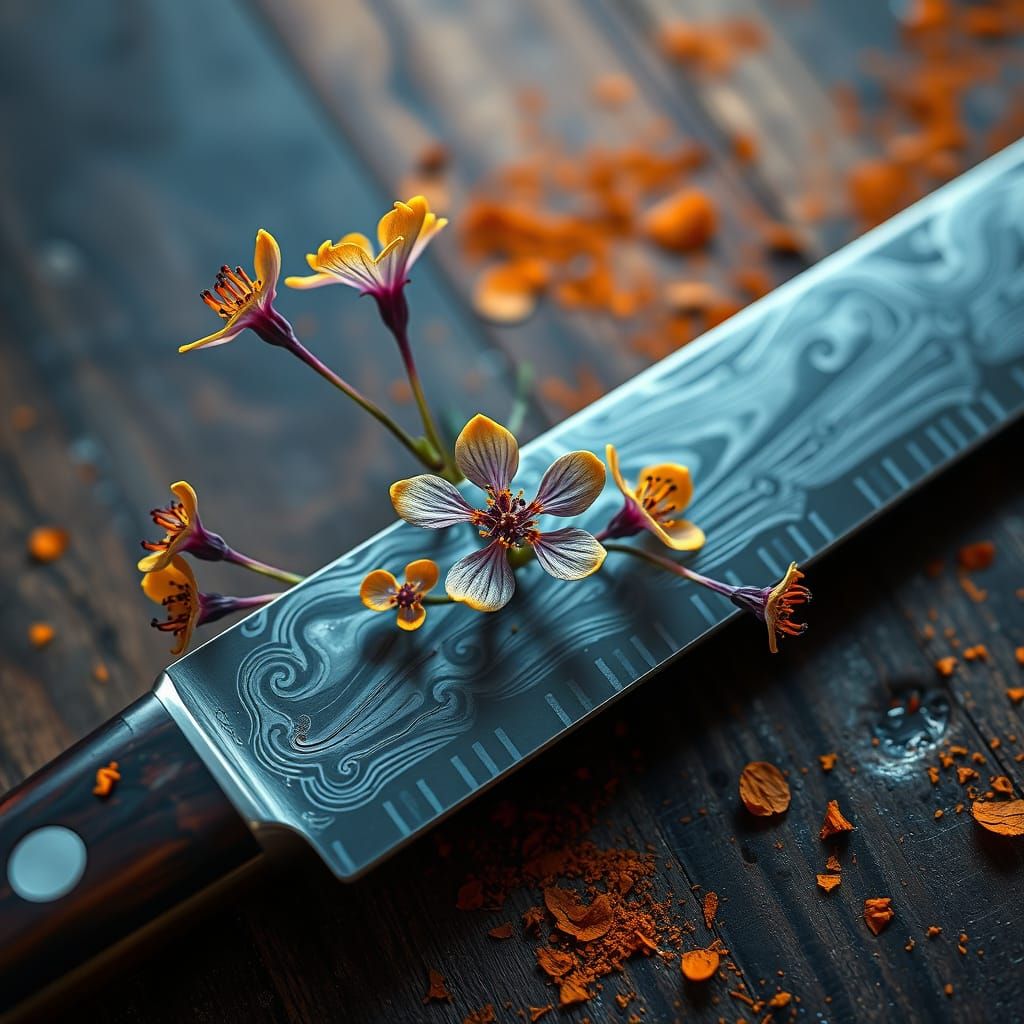 Sweet Peas Bloom on Damascus Steel Knife