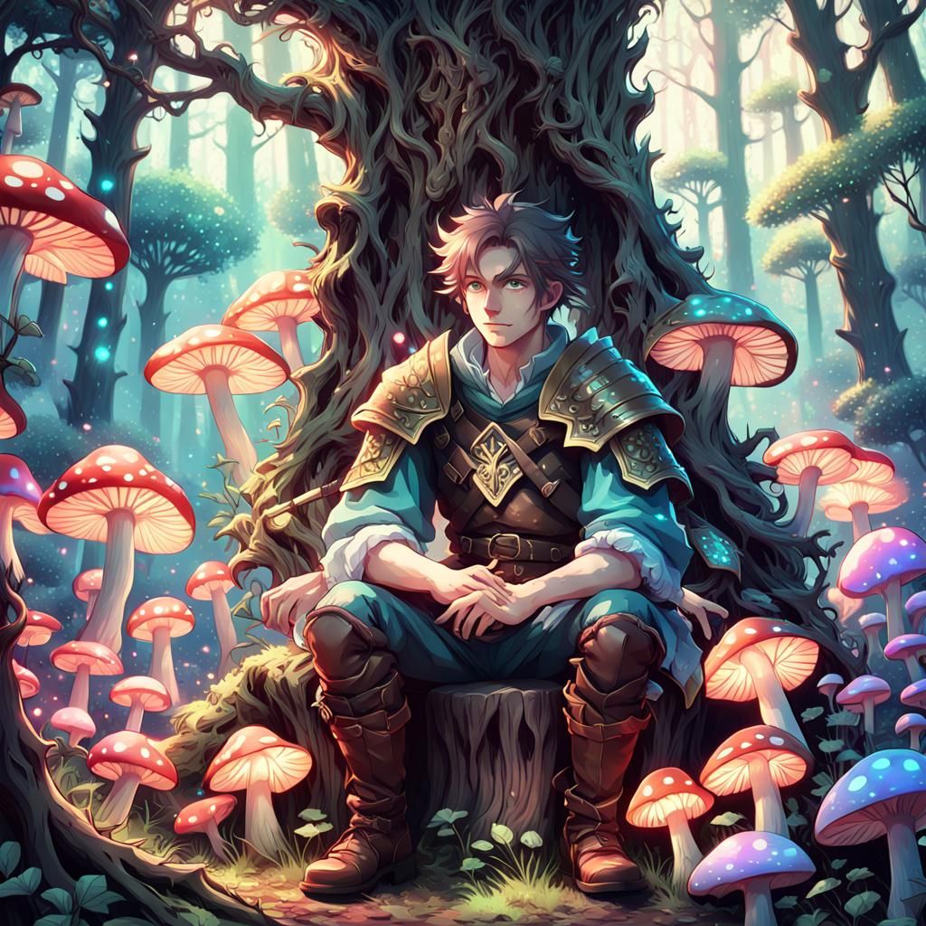Anime Bard in Mystical Forest, Digital Art