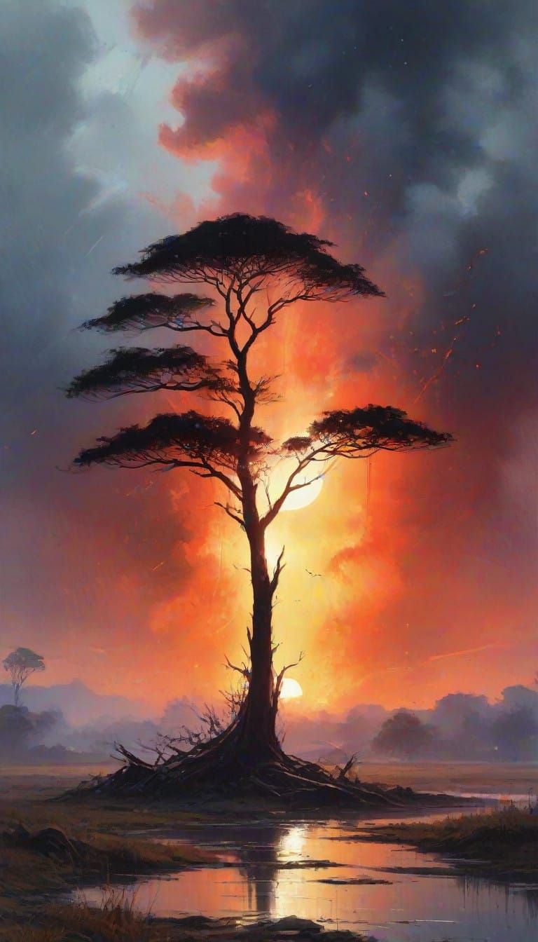 Majestic Space Tree Illuminated by Fiery Pillar