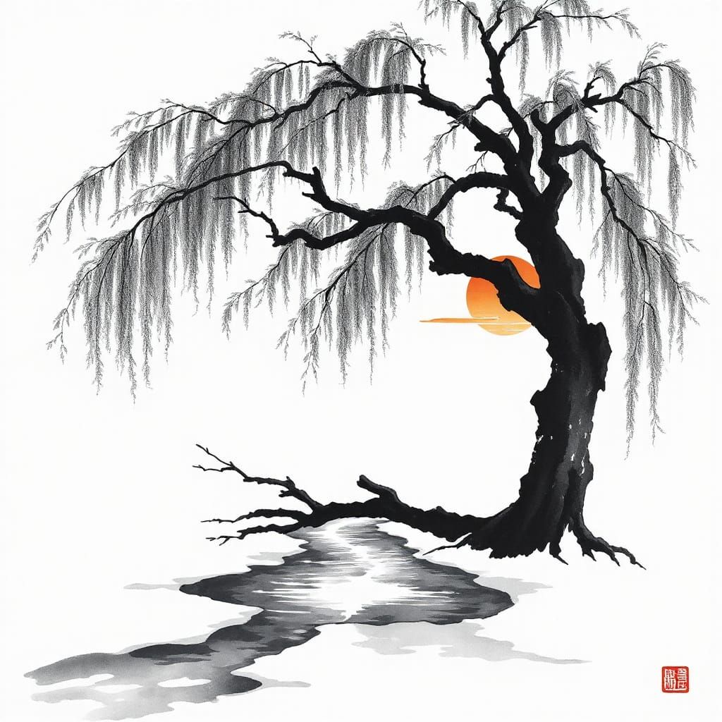 Ethereal Willow Tree in Chinese Ink Style