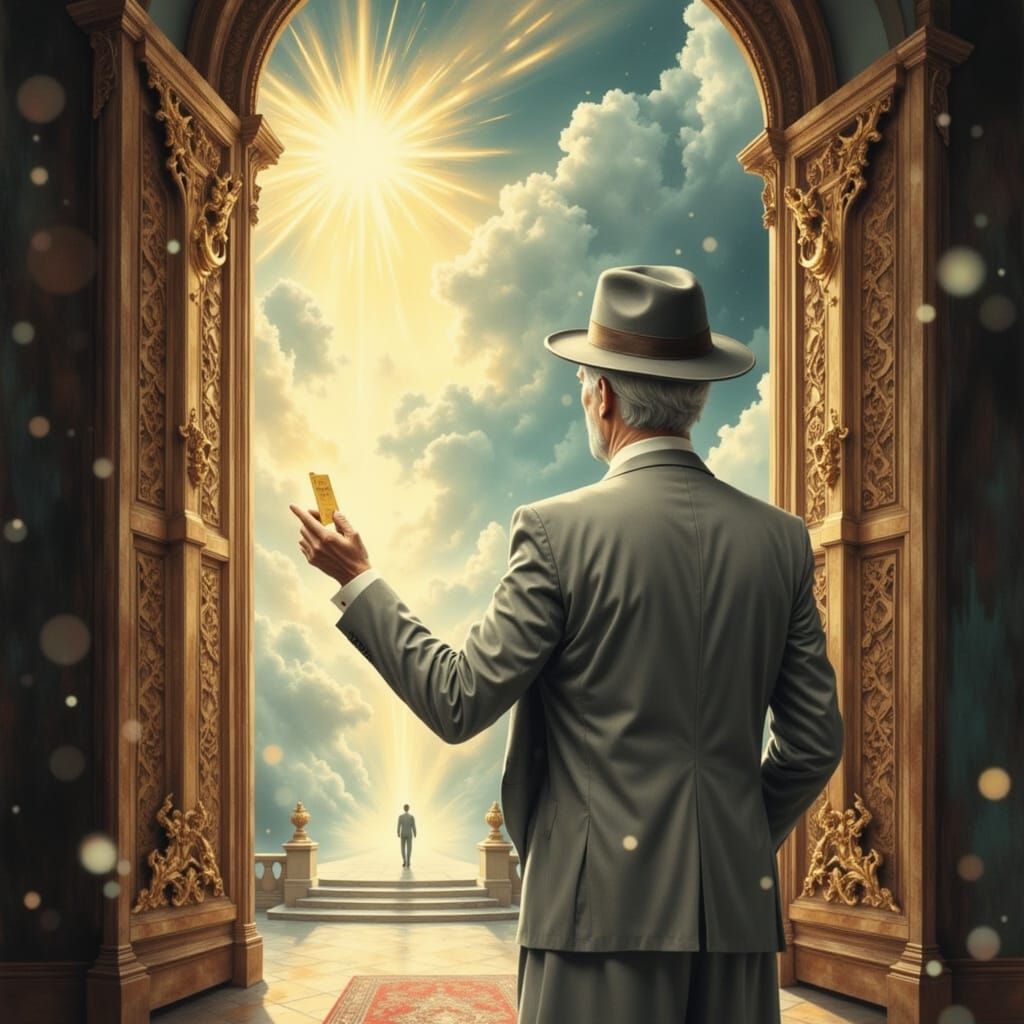 Man with Golden Ticket at Pearly Gates
