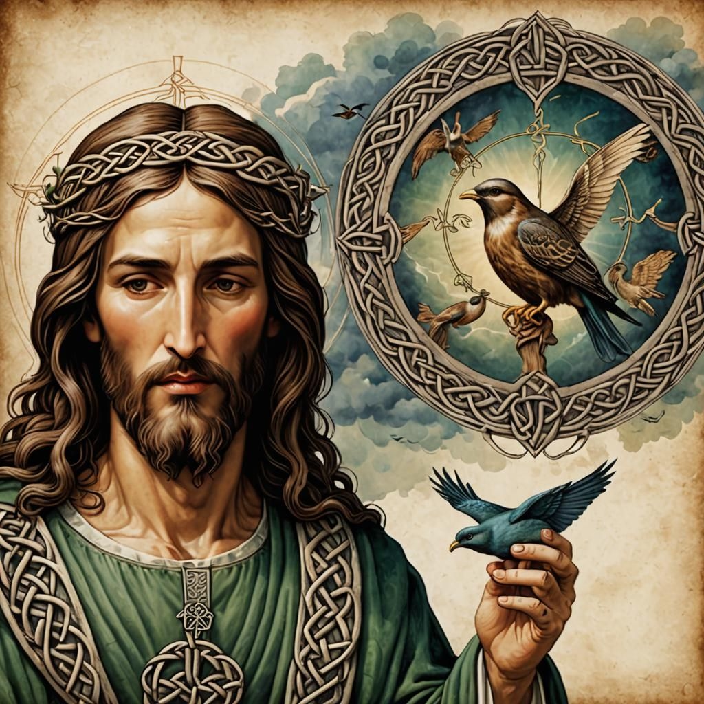 Jesus Christ with Birds in Celtic Knotwork