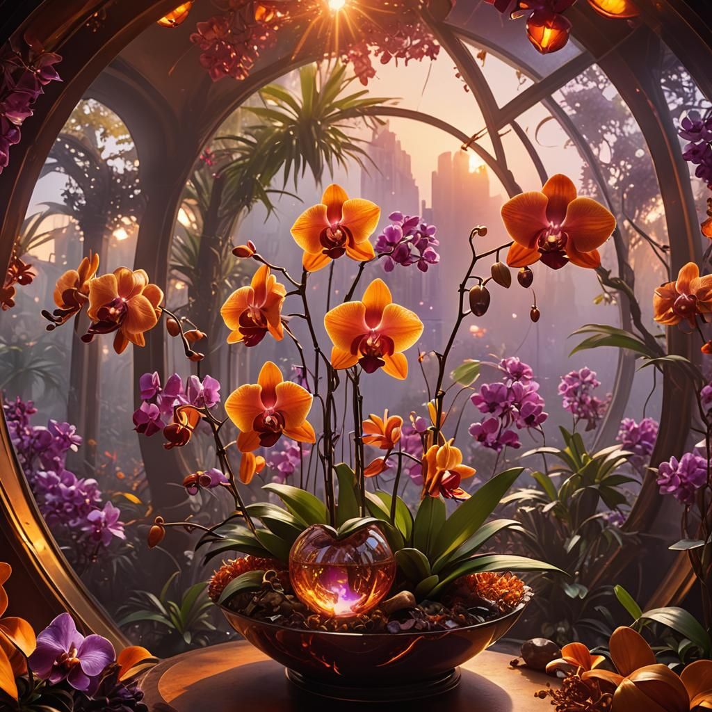 Amber Sphere Encasing Murano Glass Orchids: Digital Painting