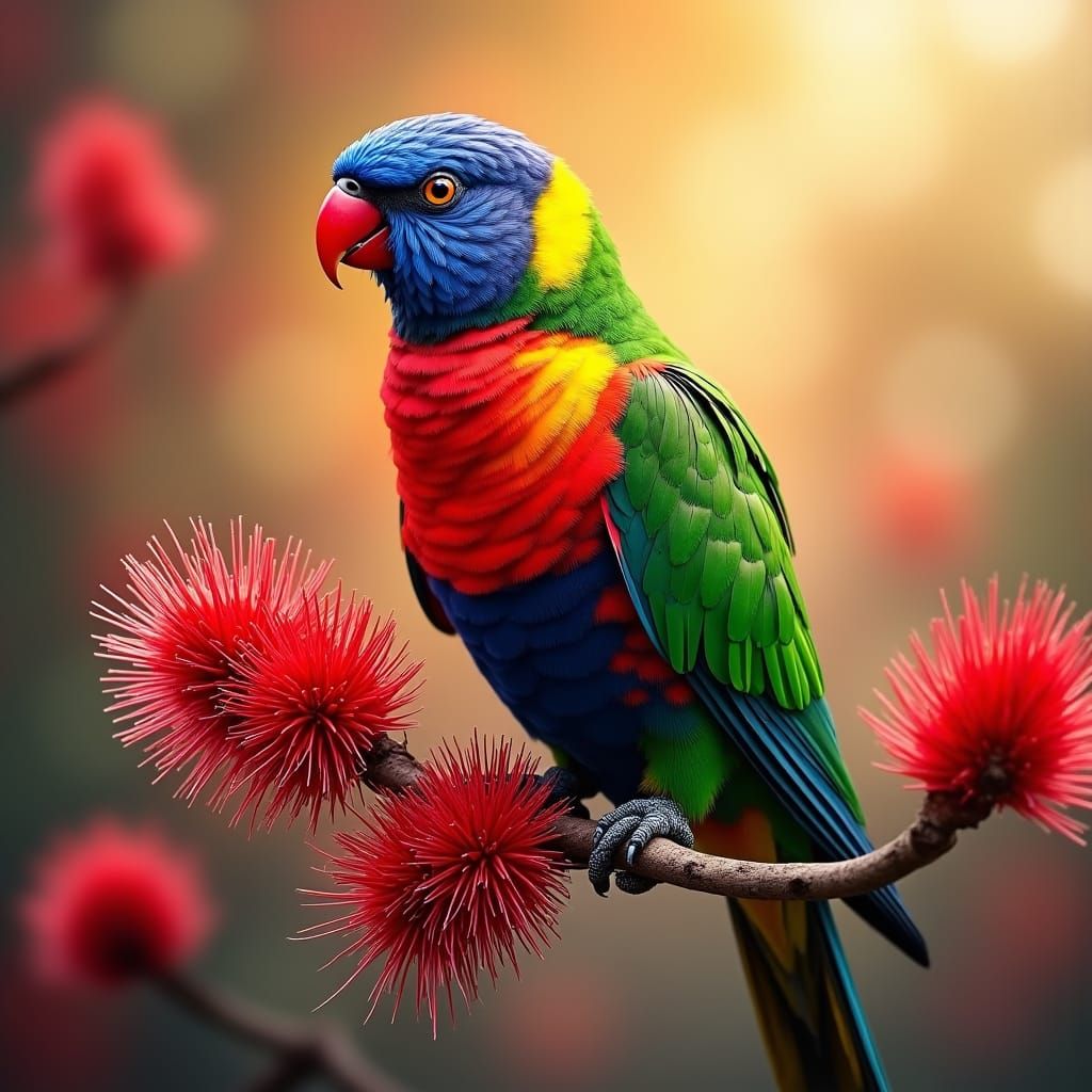 Rosella Parrot and Bottlebrush in Hyperrealistic Detail