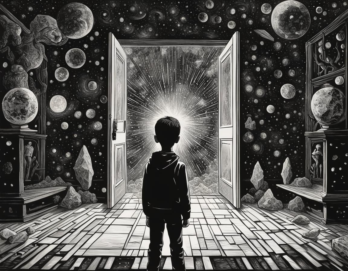 Boy Gazing into Magical World Through Open Door