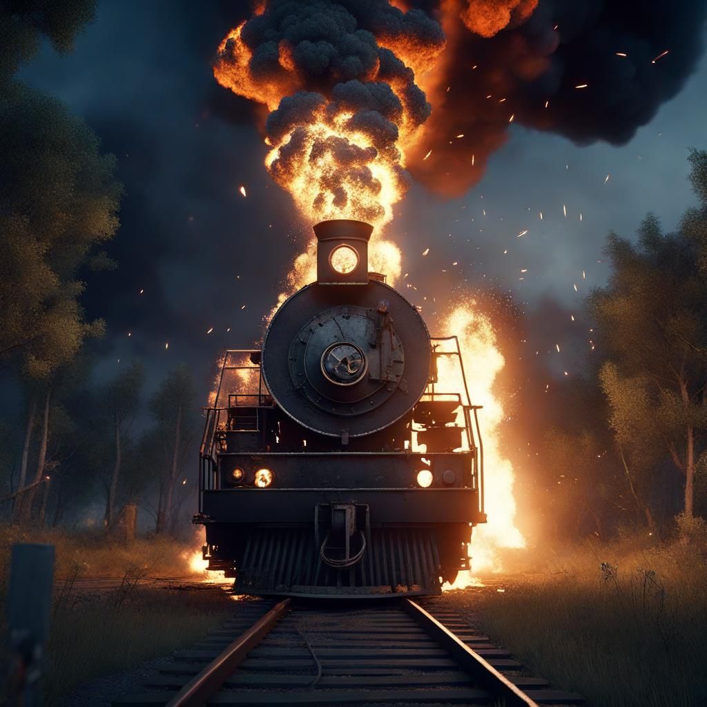 Destroyed Steam Locomotive in Explosive Night Scene