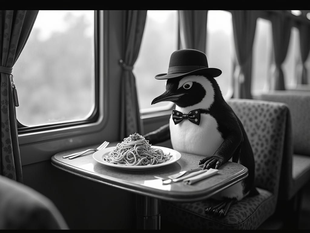 Comedic Penguin Dining in Vintage 1920s Train Carriage