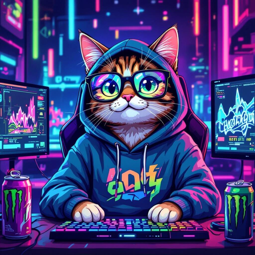 Gen Z Cat Live-Streaming, Digital Art