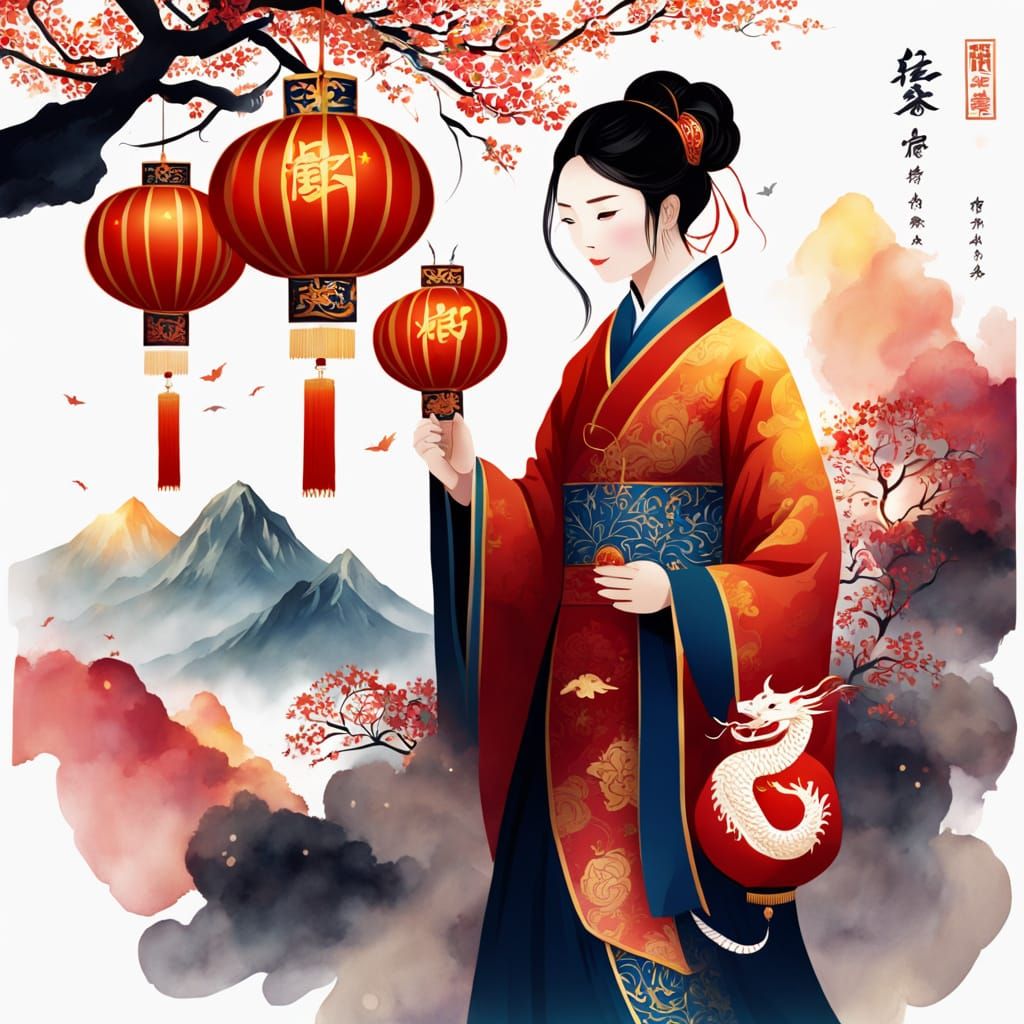 Vibrant Chinese New Year Scene with Golden Accents and Auspi...