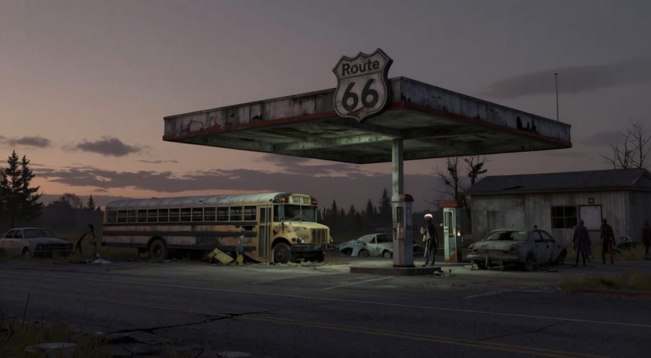 Abandoned Route 66 Gas Station with Zombies Digital Painting