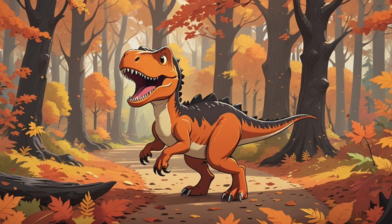 Cartoon T-Rex Walks Through Autumn Forest