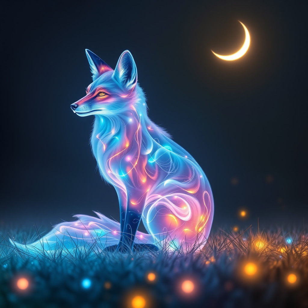 Mystical Fox Basks in Crescent Moonlight Glow