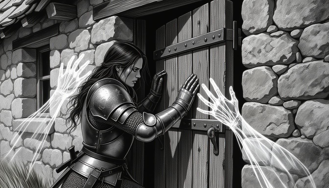 Knight Battles Spectral Hands in Charcoal Sketch Style