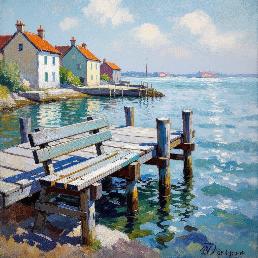 Impressionist Oil Painting of Seaside Dock Bench