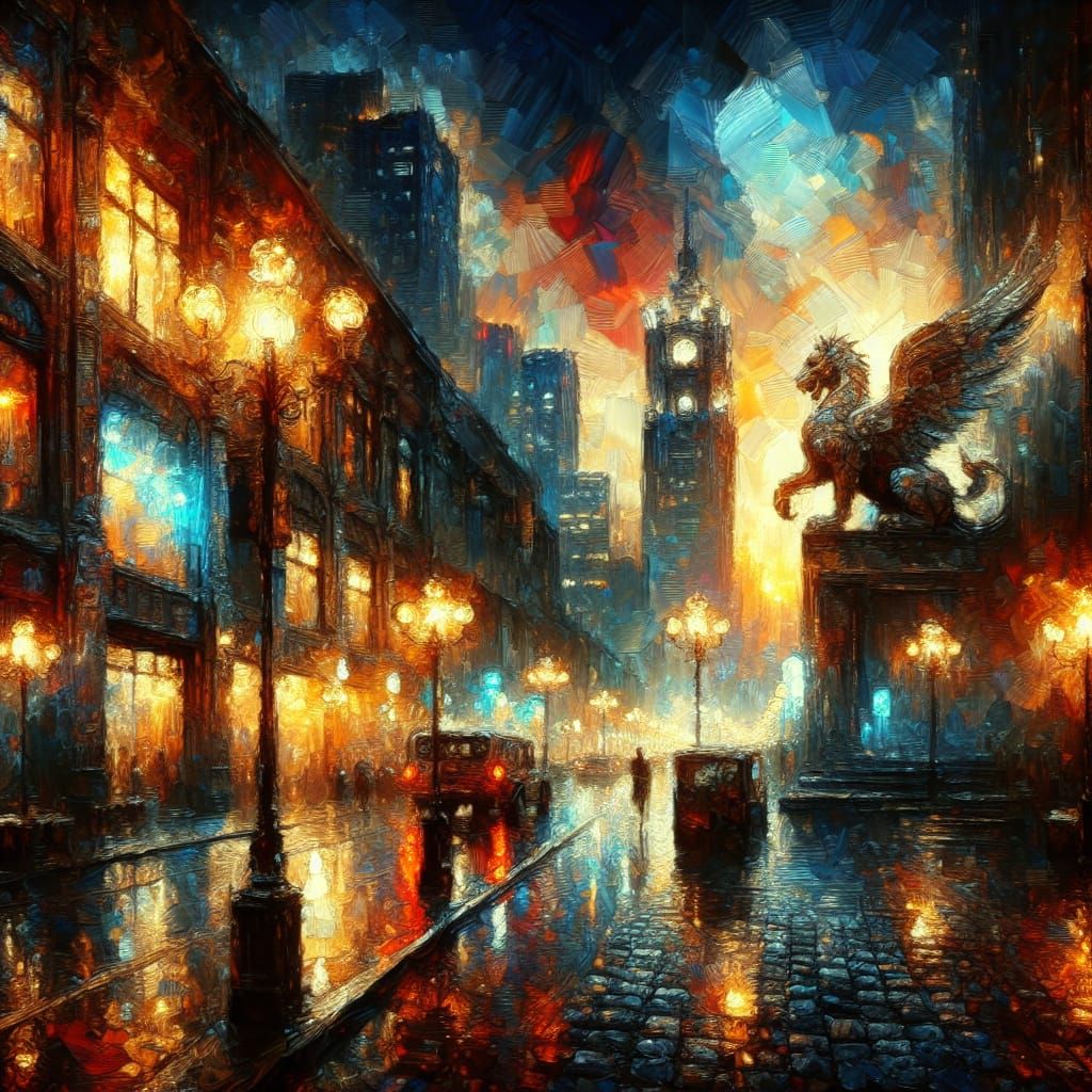 Winged Lion Statue at Night in Impasto Style