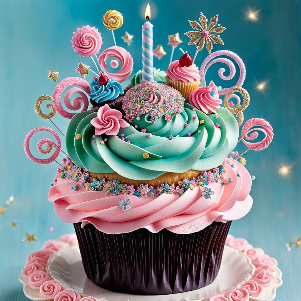 Whimsical Birthday Cupcake with Intricate Icing Details