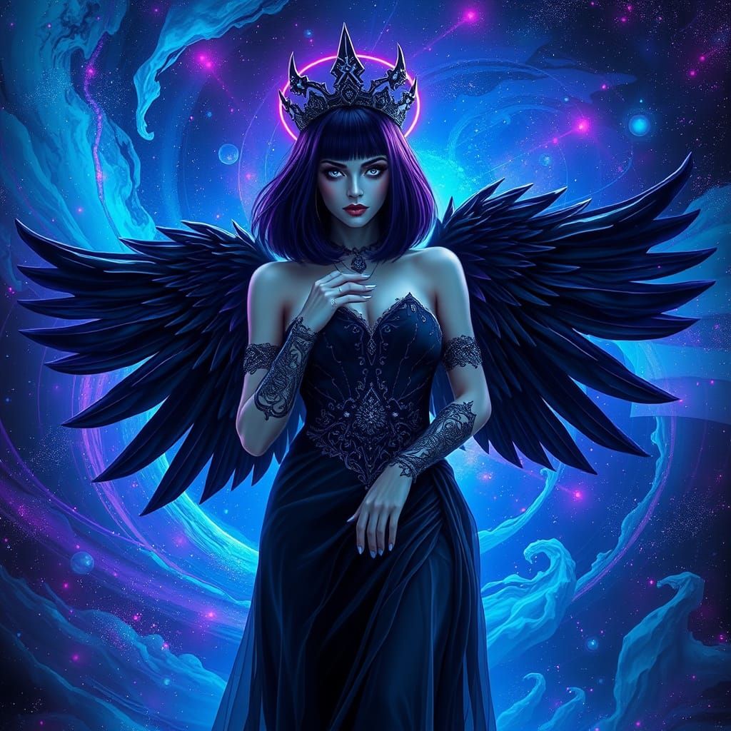 Cyberpunk Queen Reigns Over a Dreamlike Galaxy in Dark Purpl...