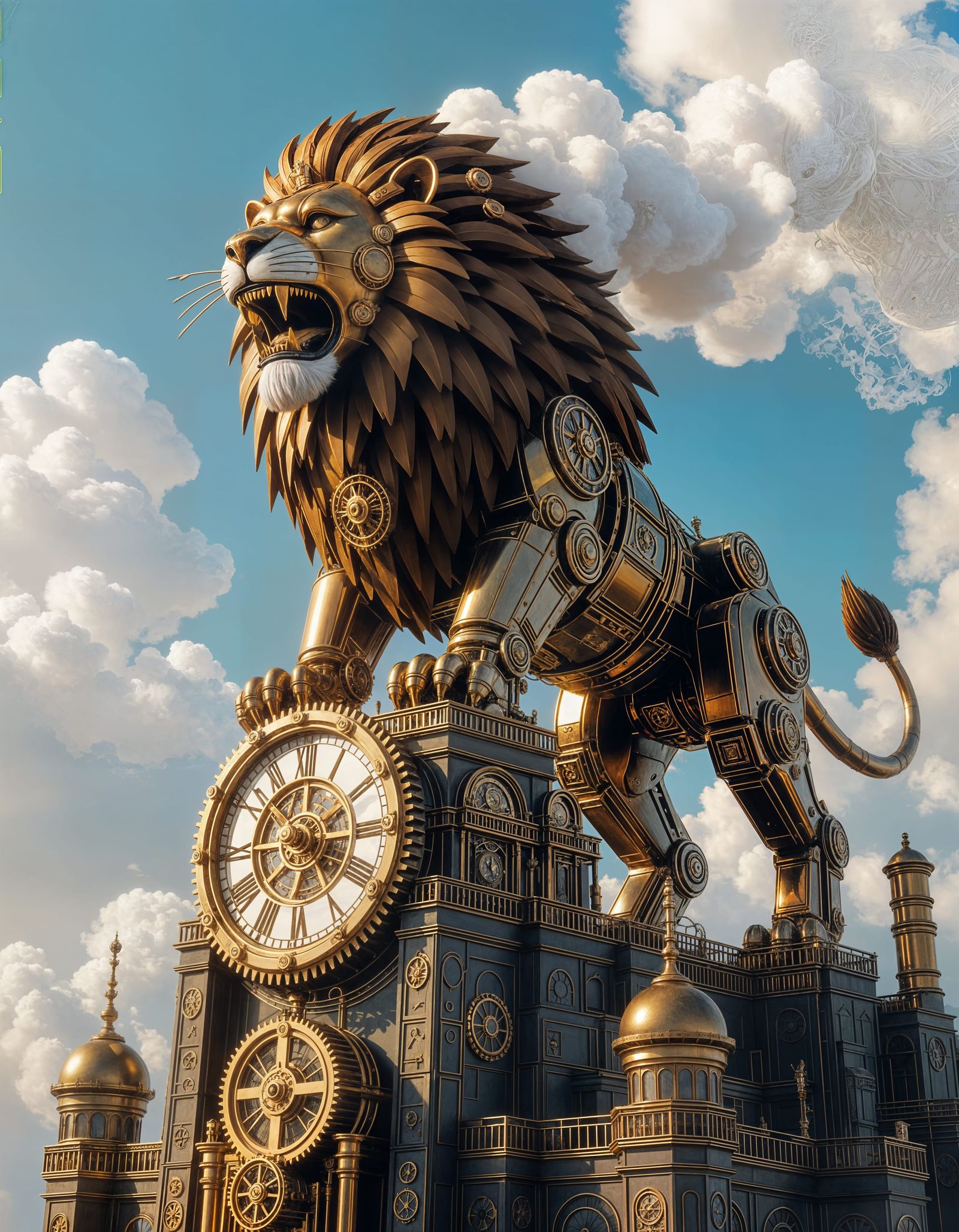 Steampunk Mechanical Lion Roars Atop Clockwork Mountain