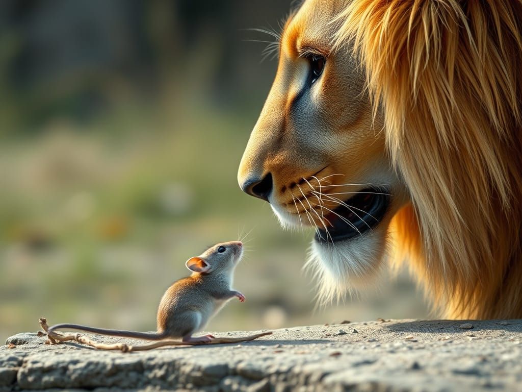 Mouse Looks Up At Lion