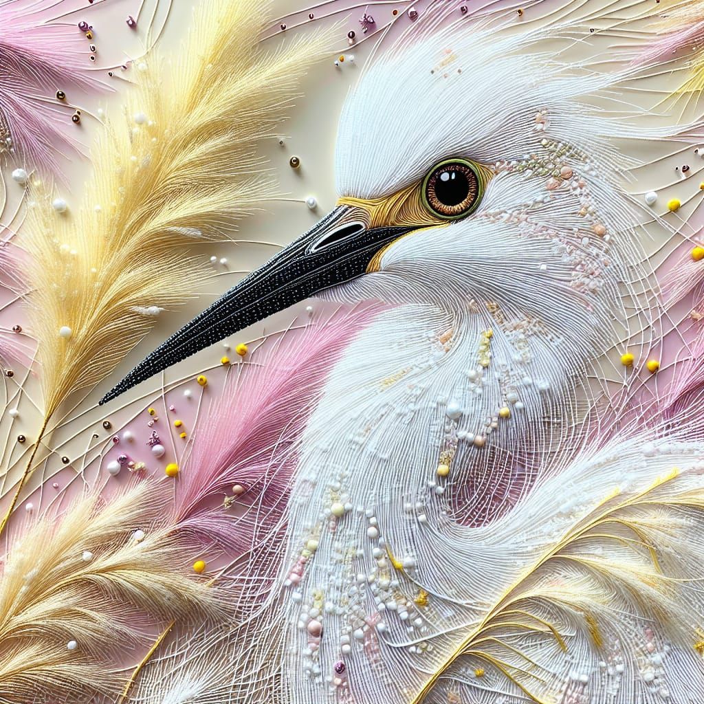 Detailed White Egret with Pastel Pampas Grass