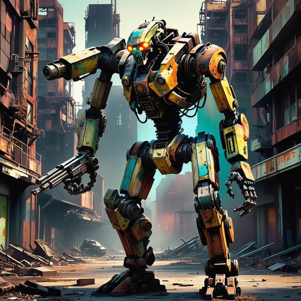 Humanoid Machine in Desolate Cityscape, Hyperrealistic Art