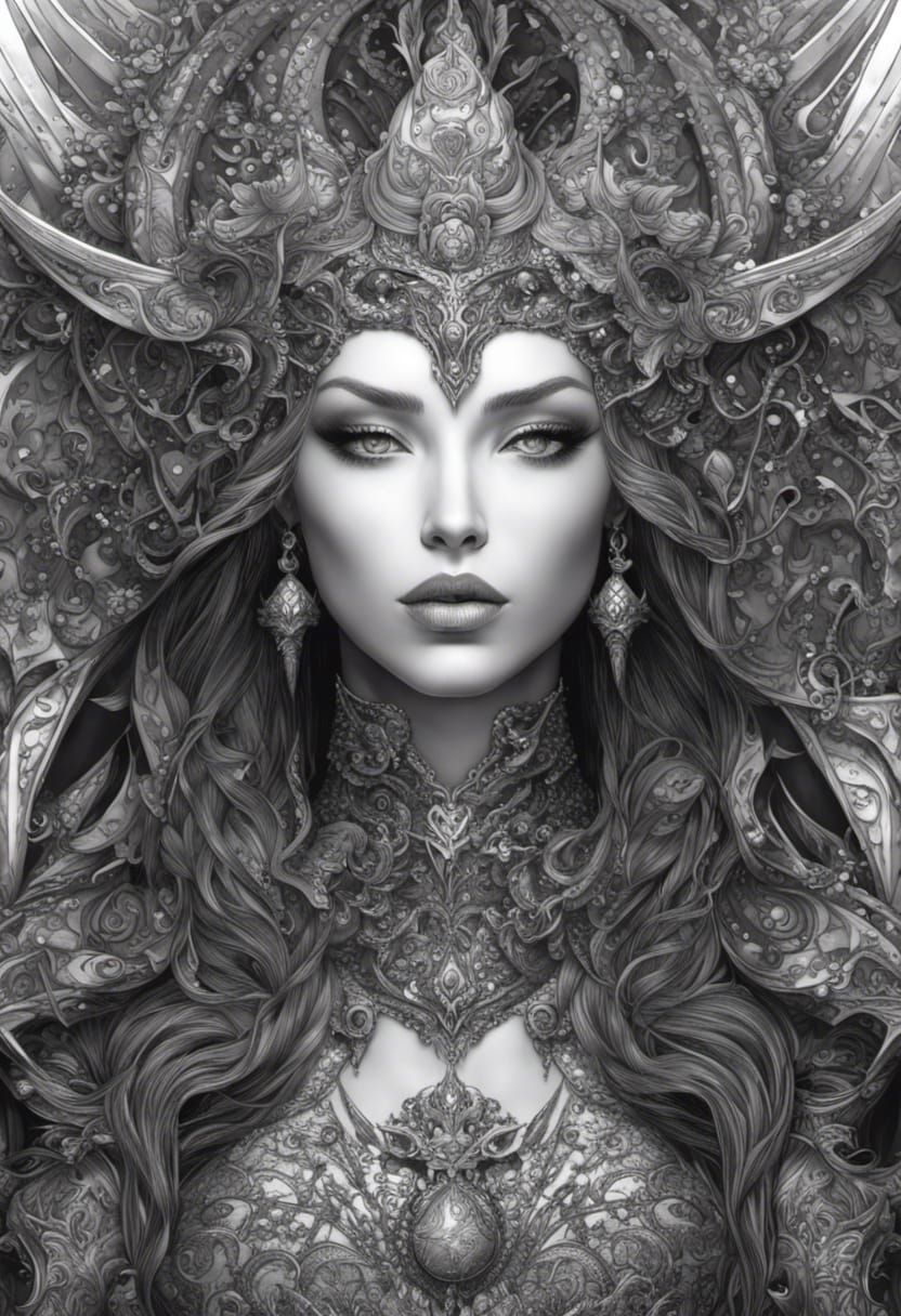 Armored Ocean Elf Goddess in Black and White