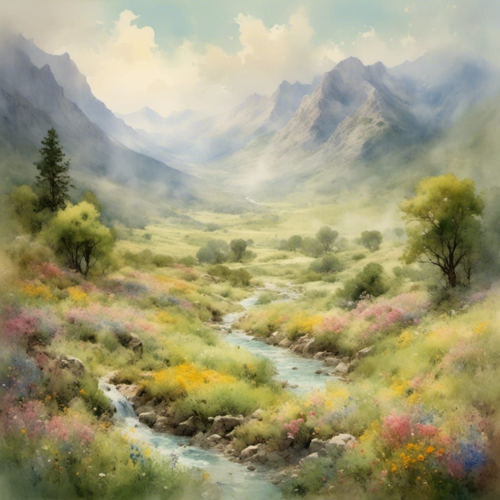 Pastel Valley Landscape in Watercolor Style