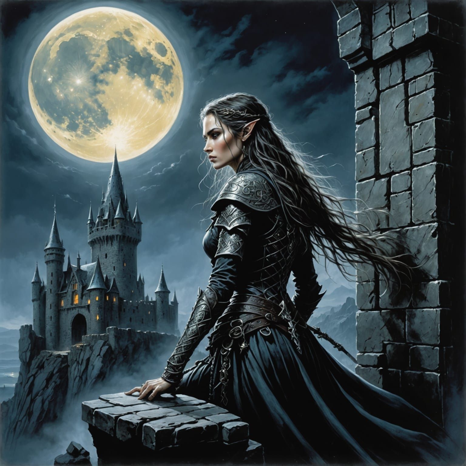 Mysterious Elven Assassin in Moonlit Castle Ruins
