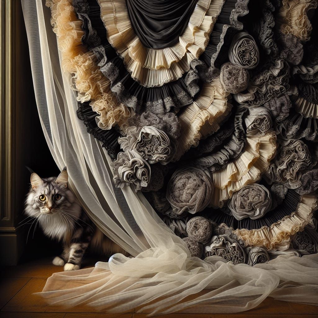Elegant Maine Coon Cat Peeks Behind Baroque-Inspired Organza...
