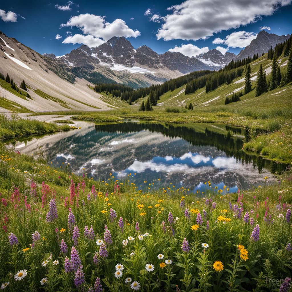 Scenic Lake with Mountains and Wildflowers Photograph