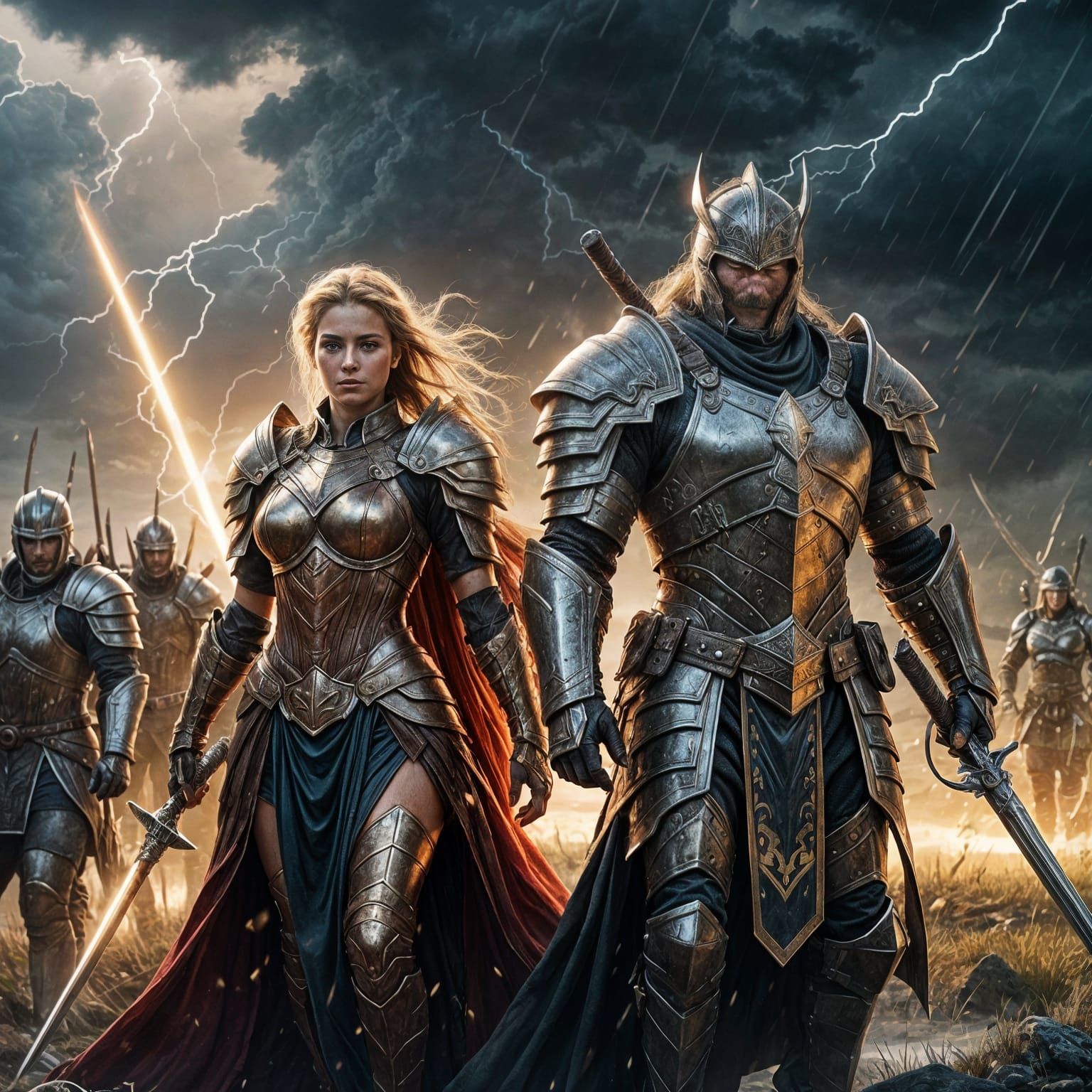 Epic Fantasy Warriors in Stormy Battle