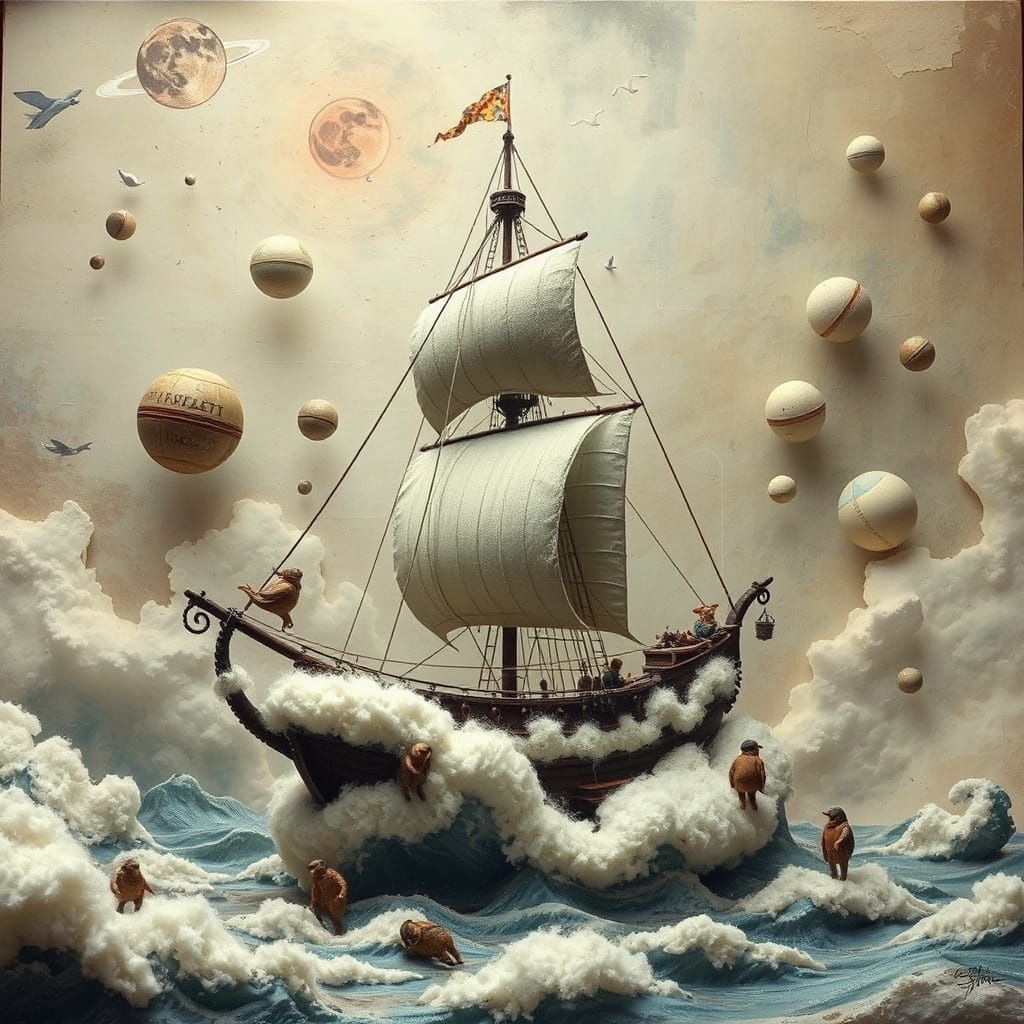 Surreal Ancient Sailing Ship in Dreamlike Harmony
