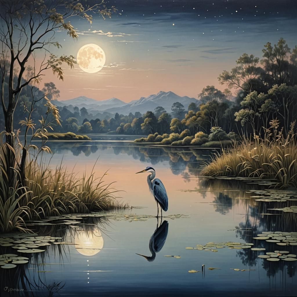 Heron in Moonlight Lake: Romantic Oil Painting