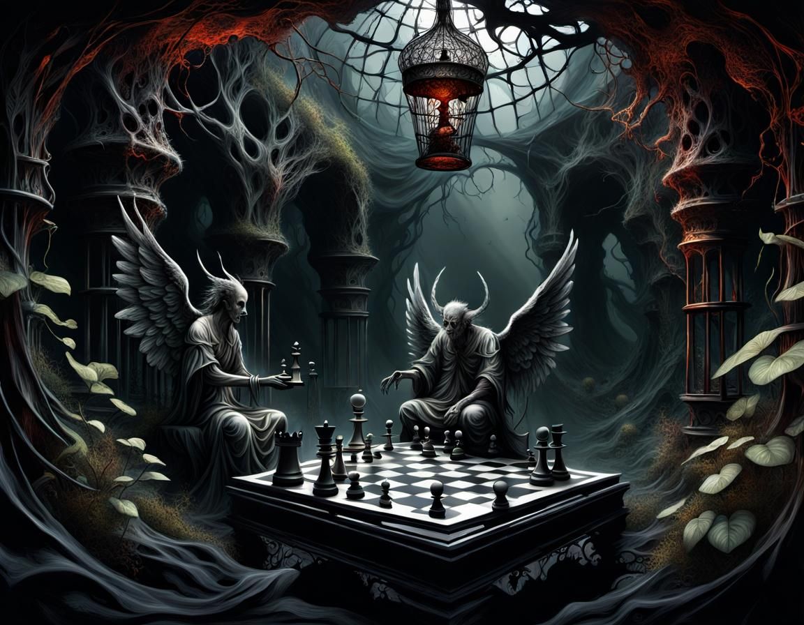 Angel and Demon Chess Game in Fleshy Cavern