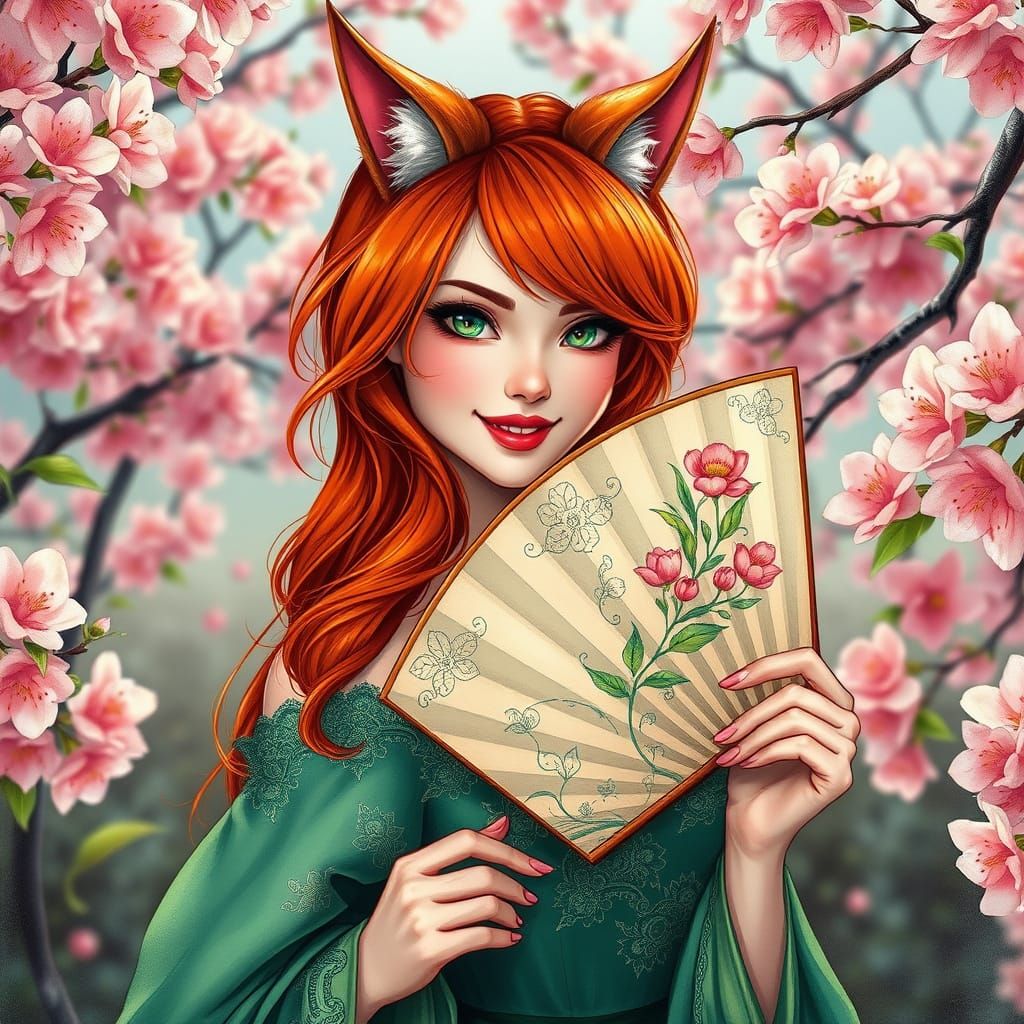 Red-Haired Cat Woman in Cherry Blossom Garden