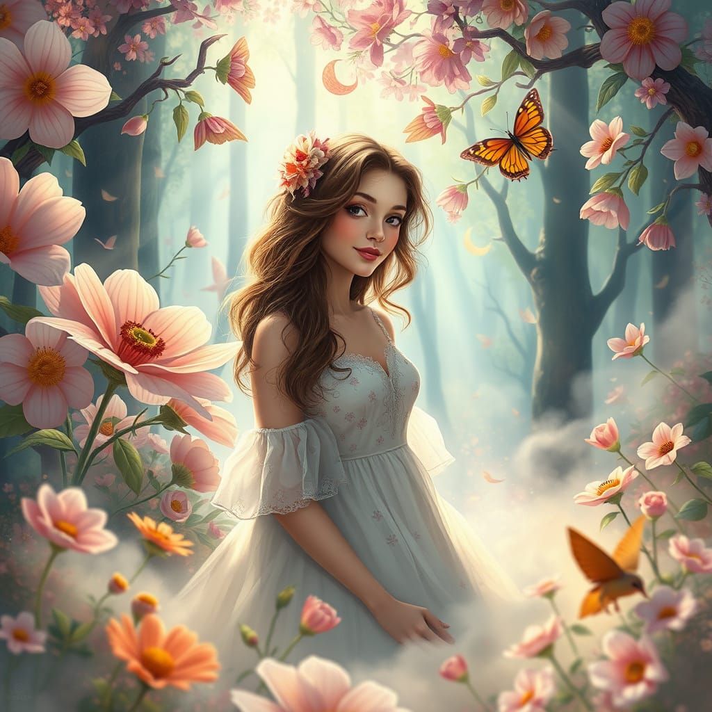 Ethereal Woman in Whimsical Forest with Oversized Flowers