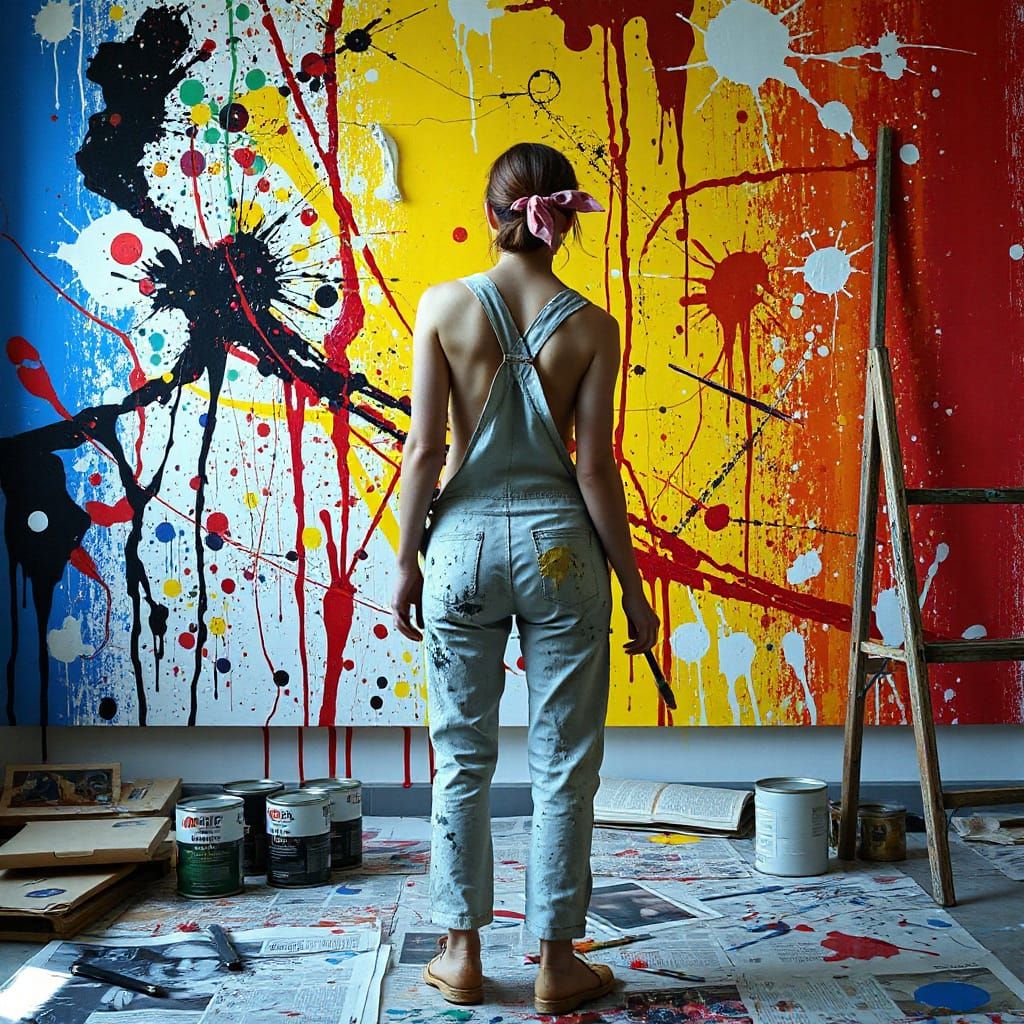 Artist Contemplating Pollock-Inspired Masterpiece