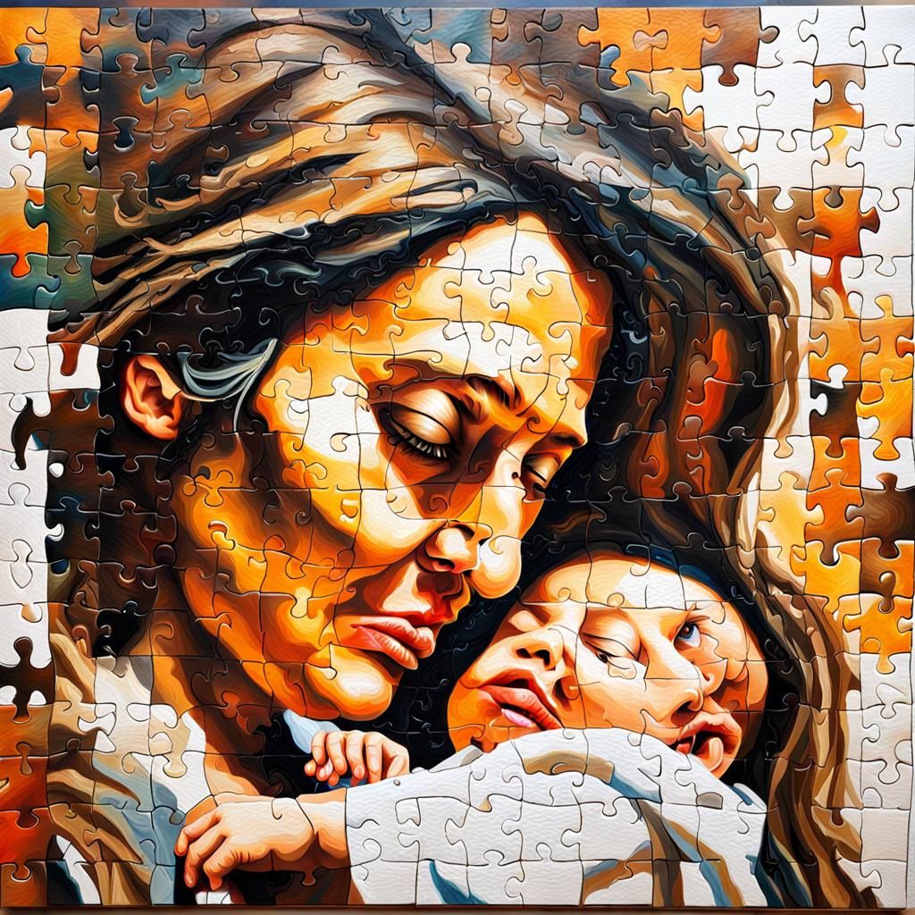 Mother and Child Portrait in Oil Paint Jigsaw Style