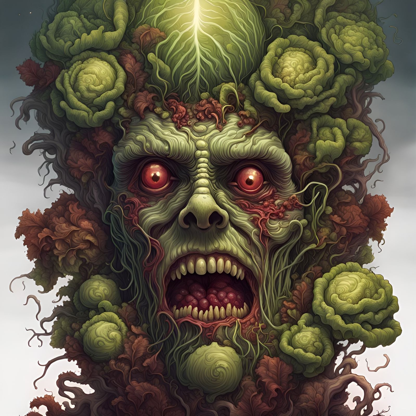 Rotting Zombie Lettuce Head: Dark Fantasy Illustration