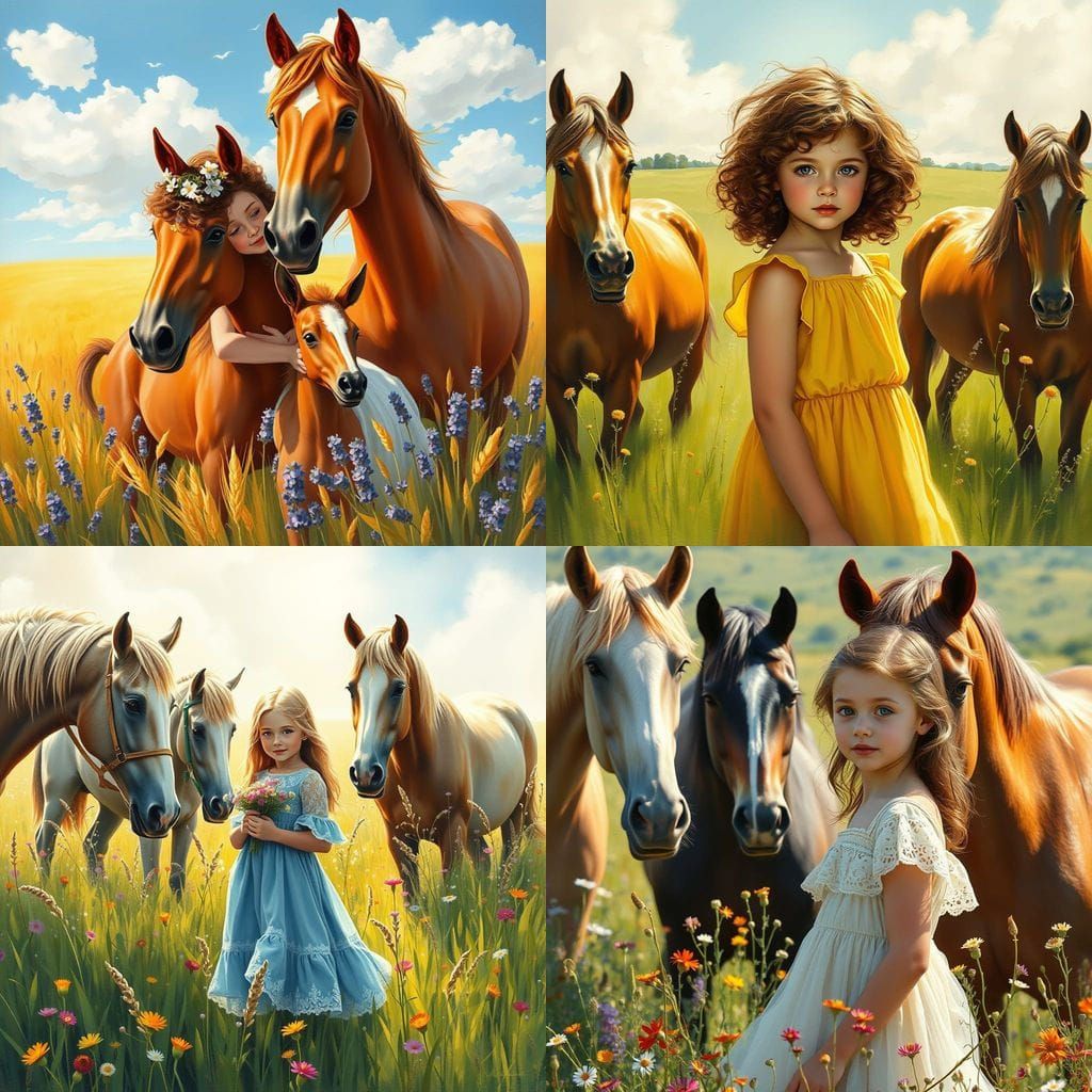 Idyllic Girl Among Horses in a Lush Meadow, in a Vibrant Imp...