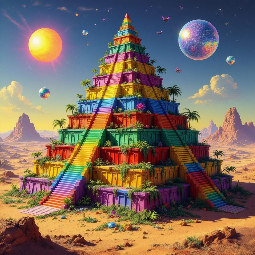 Colorful Crayon Ziggurat on Alien World, Surreal Art