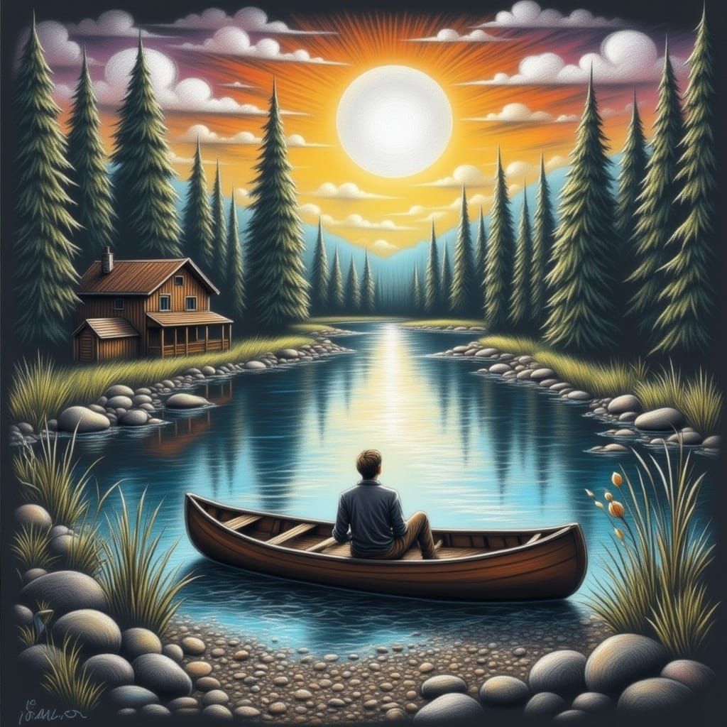 Chalk Art Canoe on Forest Lake at Night