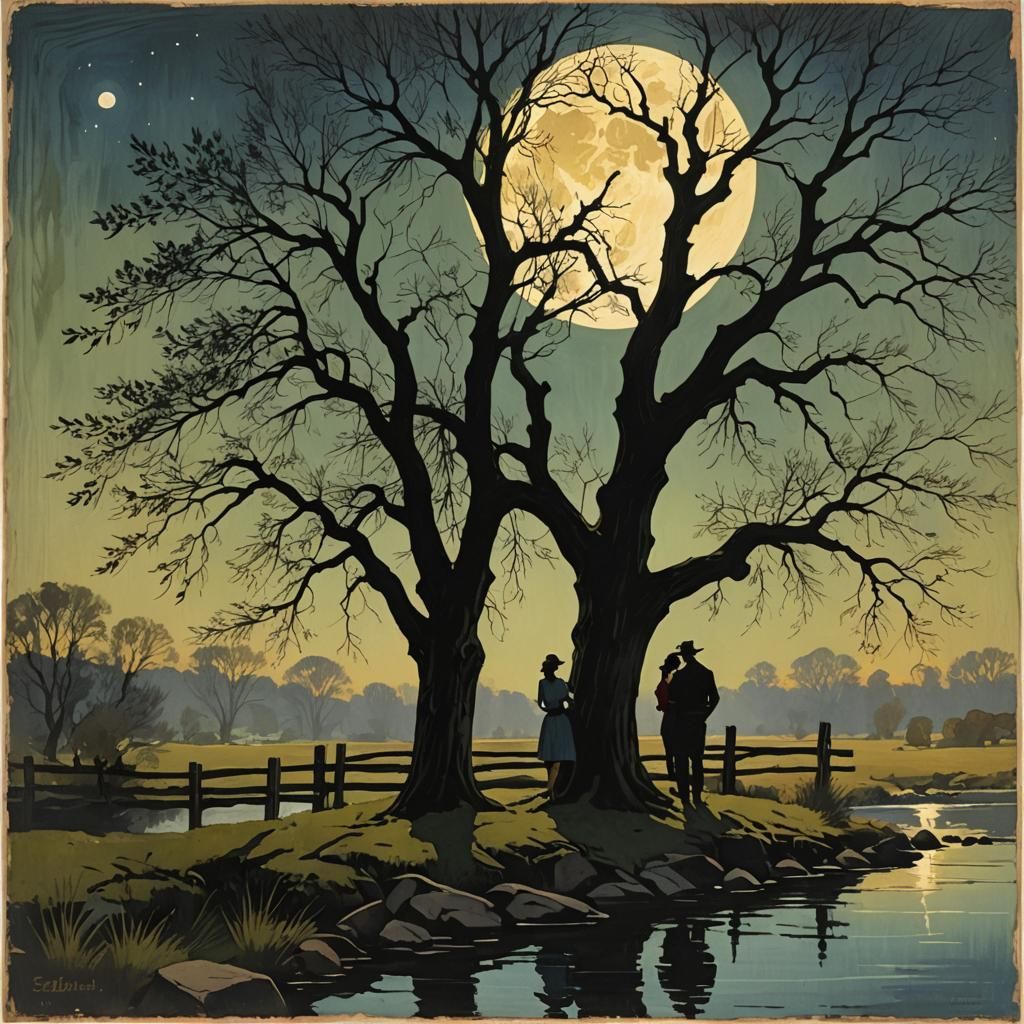 Couple Gazing at Moon Under Willow Tree