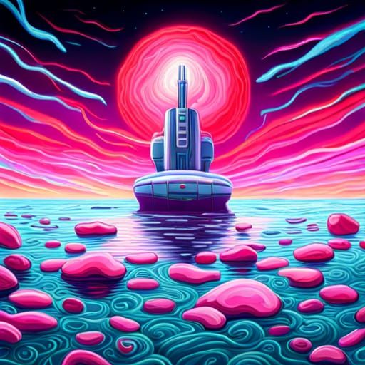 Pink Submarine in Shallow Water: Synthwave Oil Painting