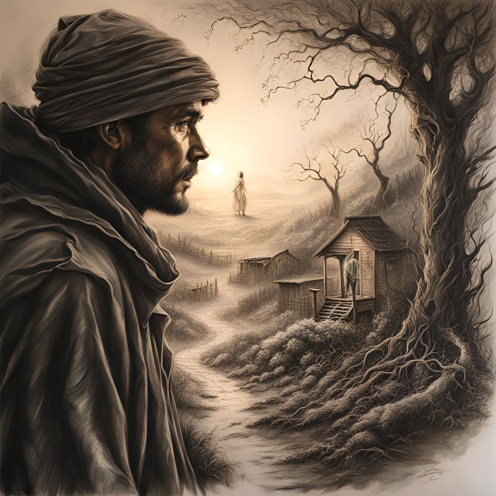 Lonely Man's Shadow: Charcoal Drawing with Volumetric Lighti...